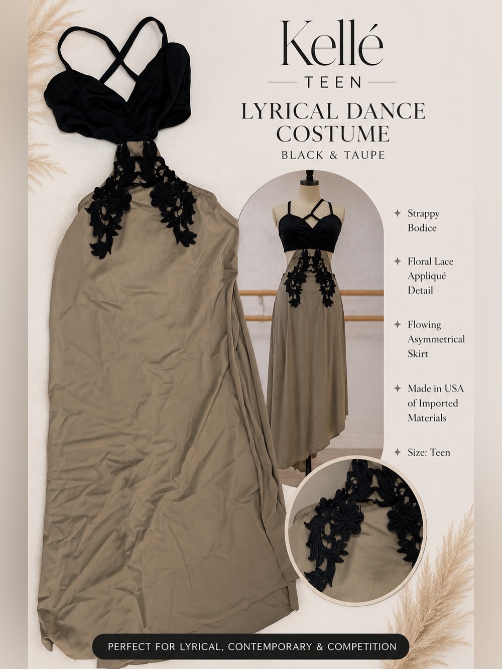 Kellé Teen Black & Taupe Lyrical Dance Costume Maxi Dress Floral Appliqué